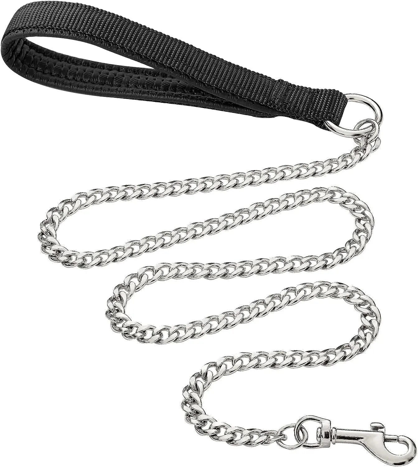 Heavy duty metal dog leash with black chain and soft padded handle, measuring 120cm in length