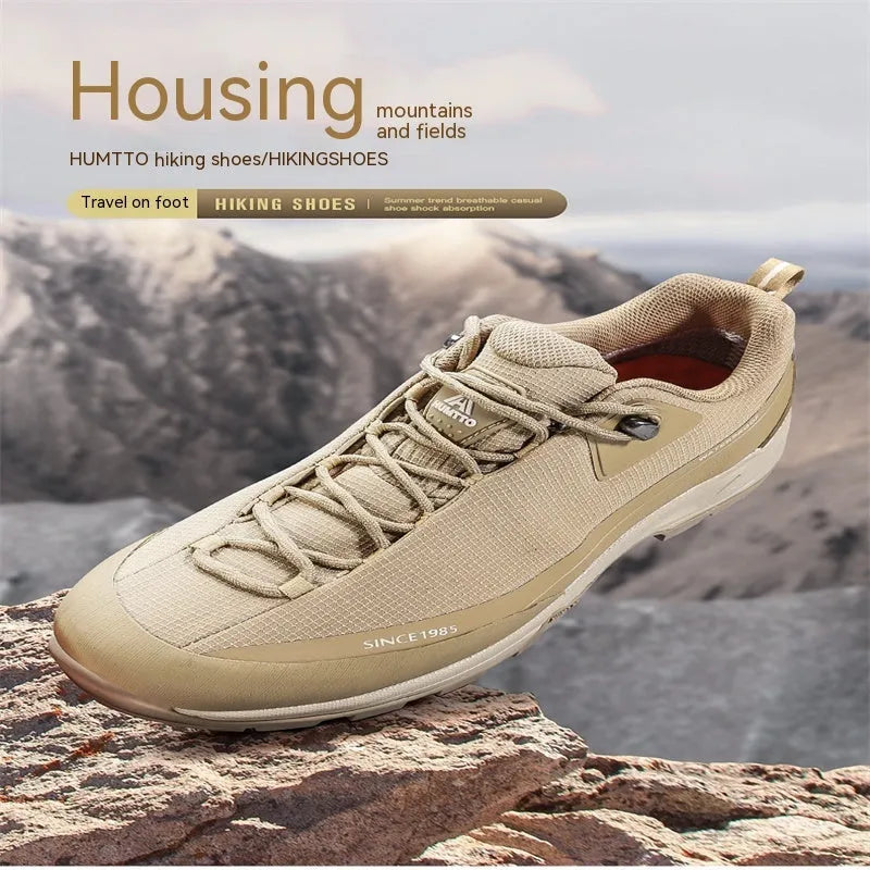 Low-top mountain climbing shoes hiking boots men casual wear leather mesh upper non-slip rubber outsole mid heel 3-5cm round toe lace-up front available in multiple colours including black, dark gray, maroon and sand sizes 36 to 46