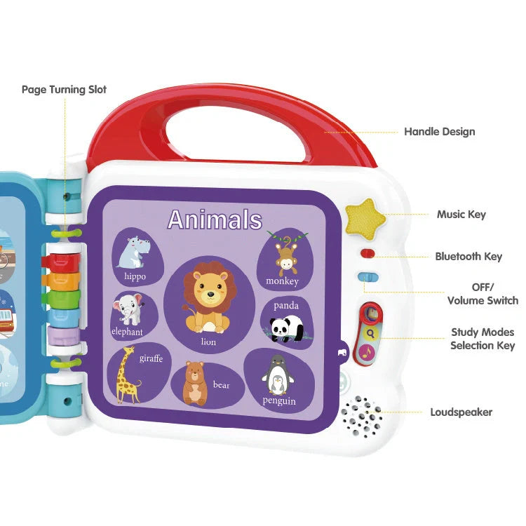 Educational English Kids Intelligent Book Learning Machine with Bluetooth in pink, red, and green