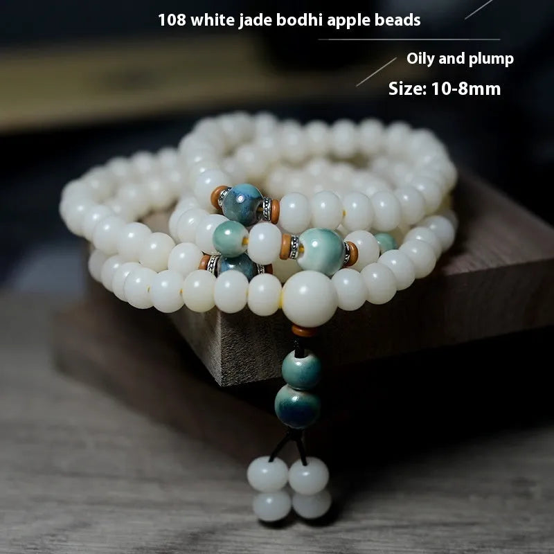 White jade bodhi root oblate bead bracelet with 108 beads in two sizes