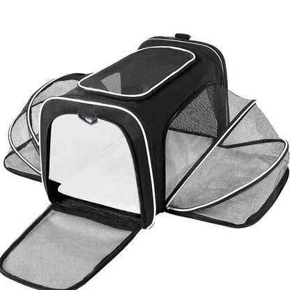 Black and grey portable cat carrier bag with 600D cation fabric construction.