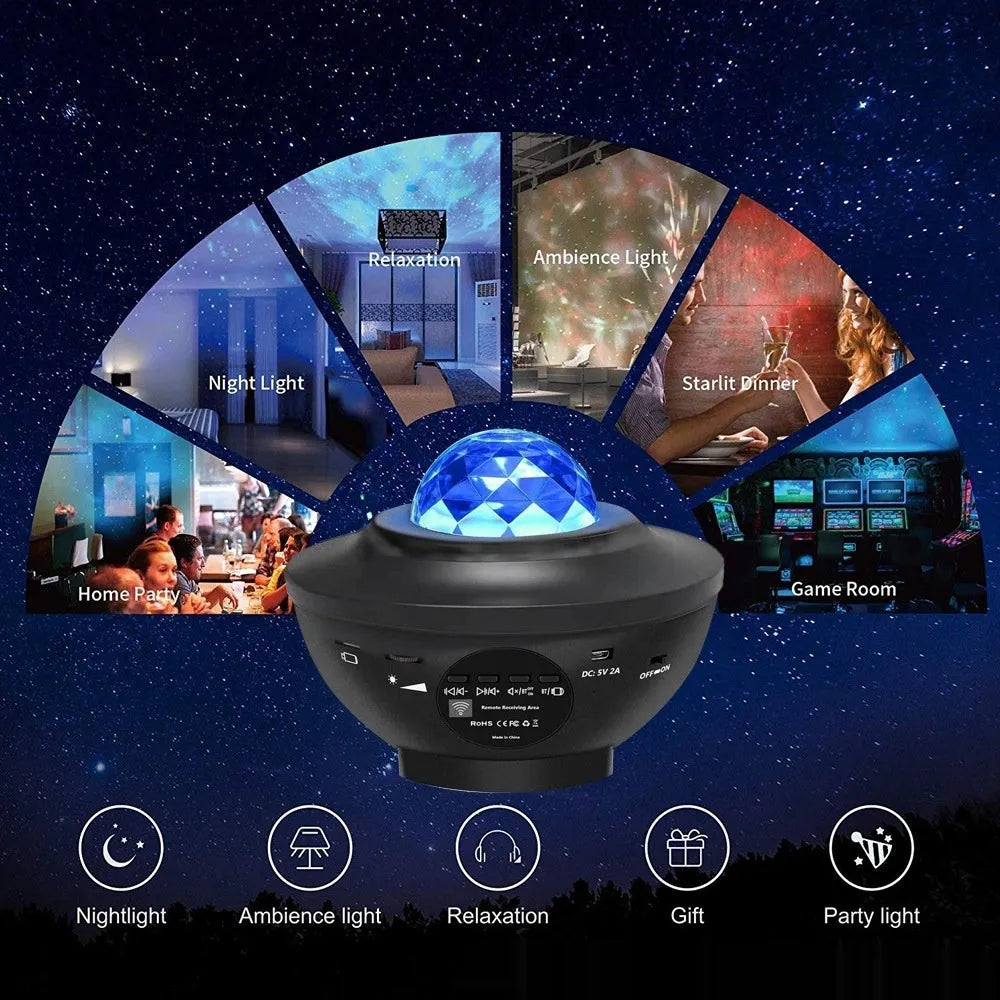 Small black bowl-shaped starry sky projection lamp with remote control on a desk.
