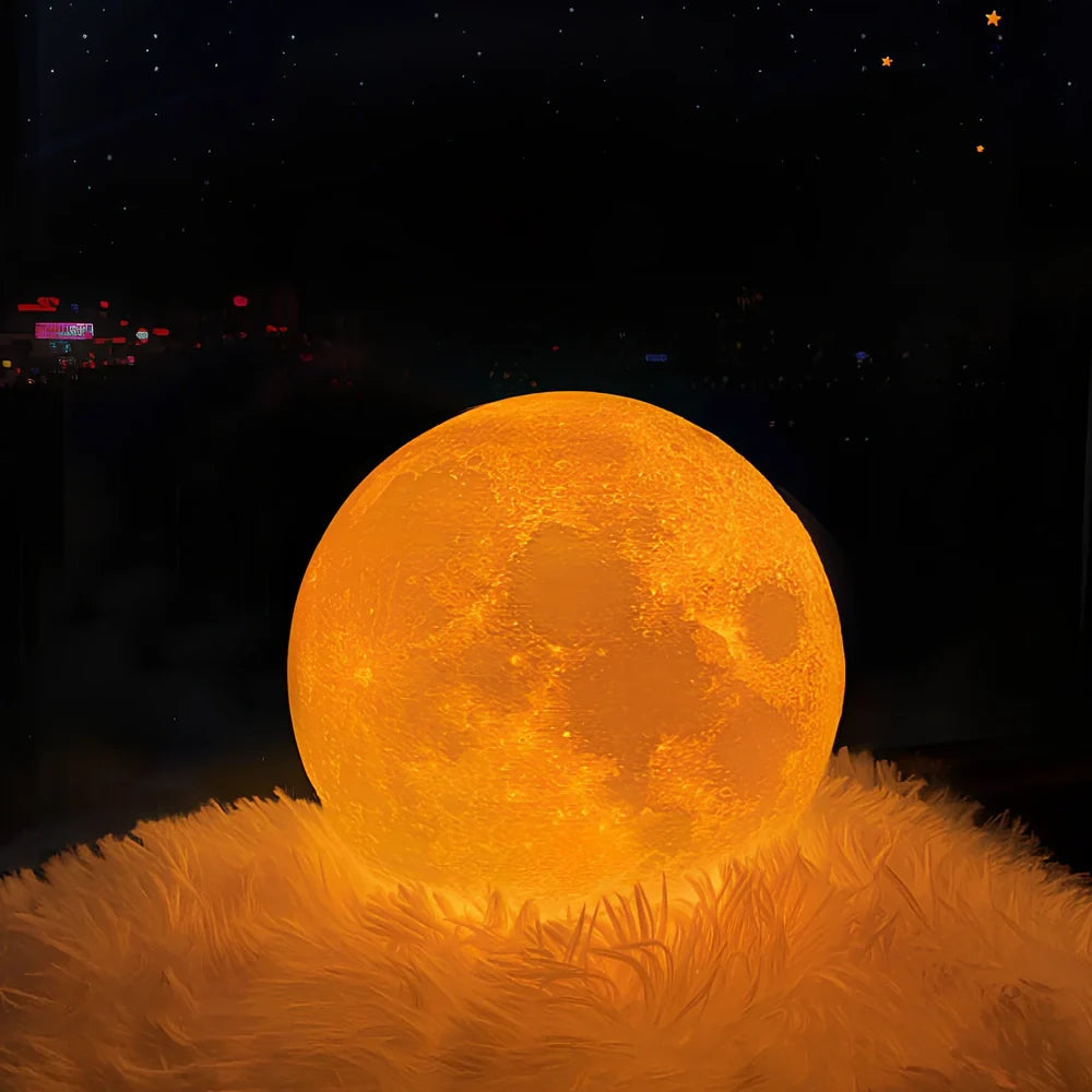 3D printed moon night table lamp on wooden holder, remote showing 16-colour options, 15cm size for bedside use