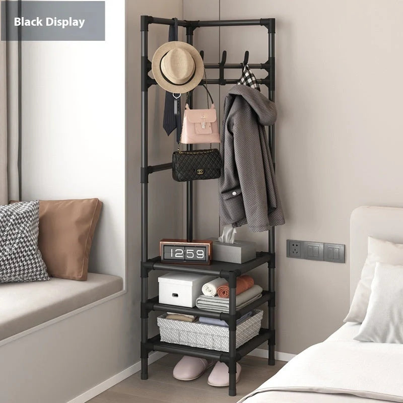Modern stainless steel corner coat rack with multi-layer design and hooks