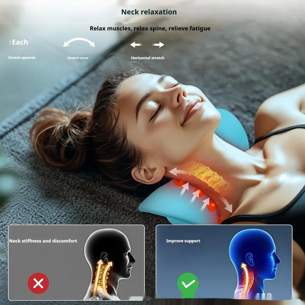 Blue cervical traction device with infrared therapy lights and USB connection