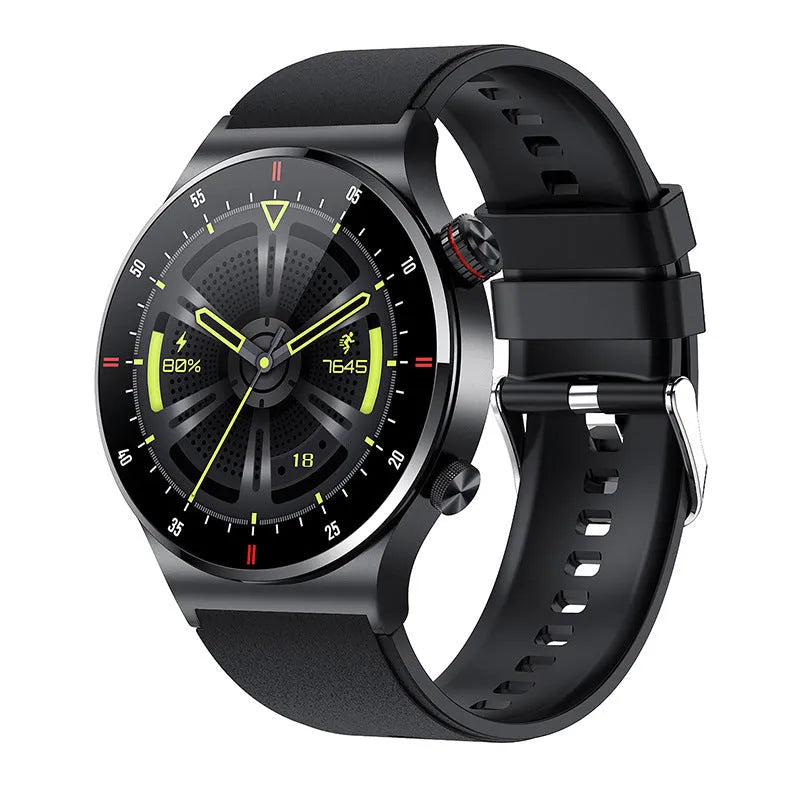 Black smart Bluetooth sports watch with silicone strap and 1.28 inch touch screen on a wrist