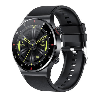 Black smart Bluetooth sports watch with silicone strap and 1.28 inch touch screen on a wrist