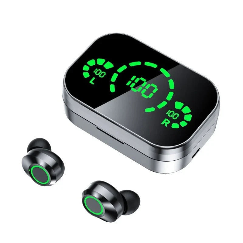 Sleek wireless Bluetooth earbuds with smart LED display, noise-cancelling microphone, and high-fidelity graphene diaphragms