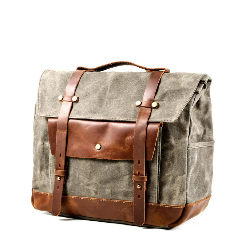 Camel Bag Knight cotton messenger bag in army green, showing main compartment, front flap, and internal document sleeve.