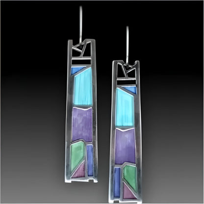 Silver water drop-shaped women's alloy earrings with an irregular oil colour electroplated finish.