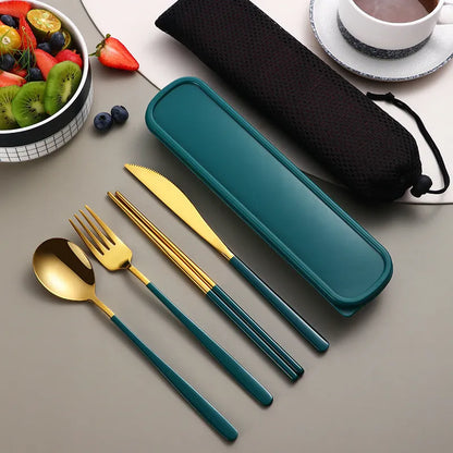 Gold and black stainless steel knife fork spoon set inside a grey mesh carrying bag.