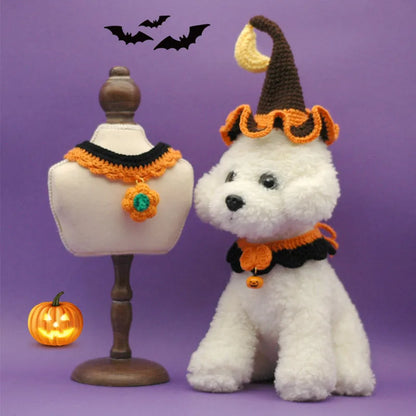 Hand-crocheted wool pet collar in pumpkin colour for a dog or cat, showing adjustable size and textured yarn.