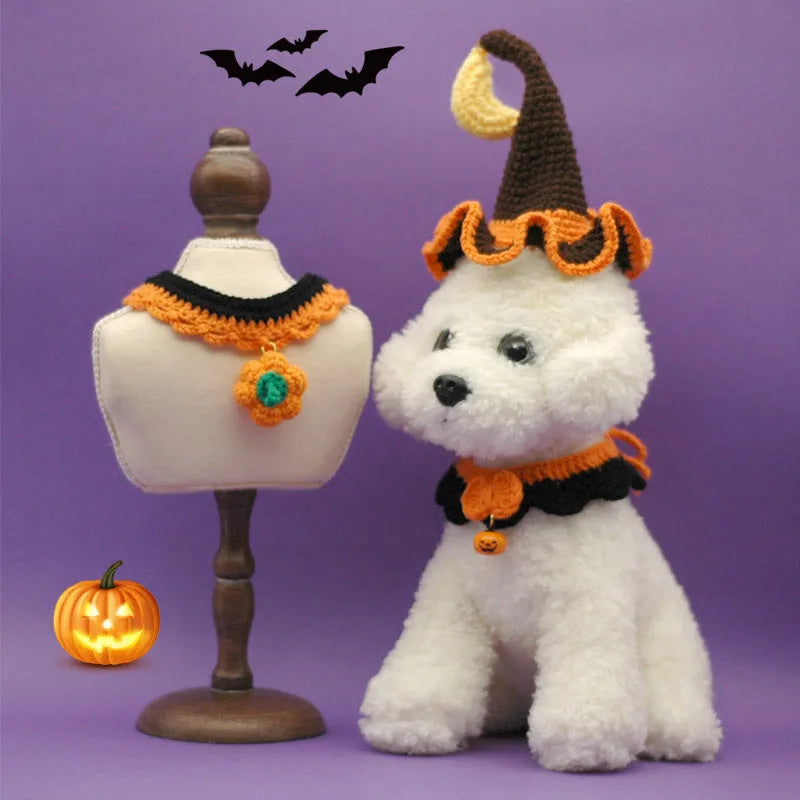 Hand Crocheted Pet Collar for Cats and Dogs Adjustable Halloween Photo Accessory in Wool Yarn Available in Silent Pumpkin and Bell Pumpkin Colours Sizes S M L XL