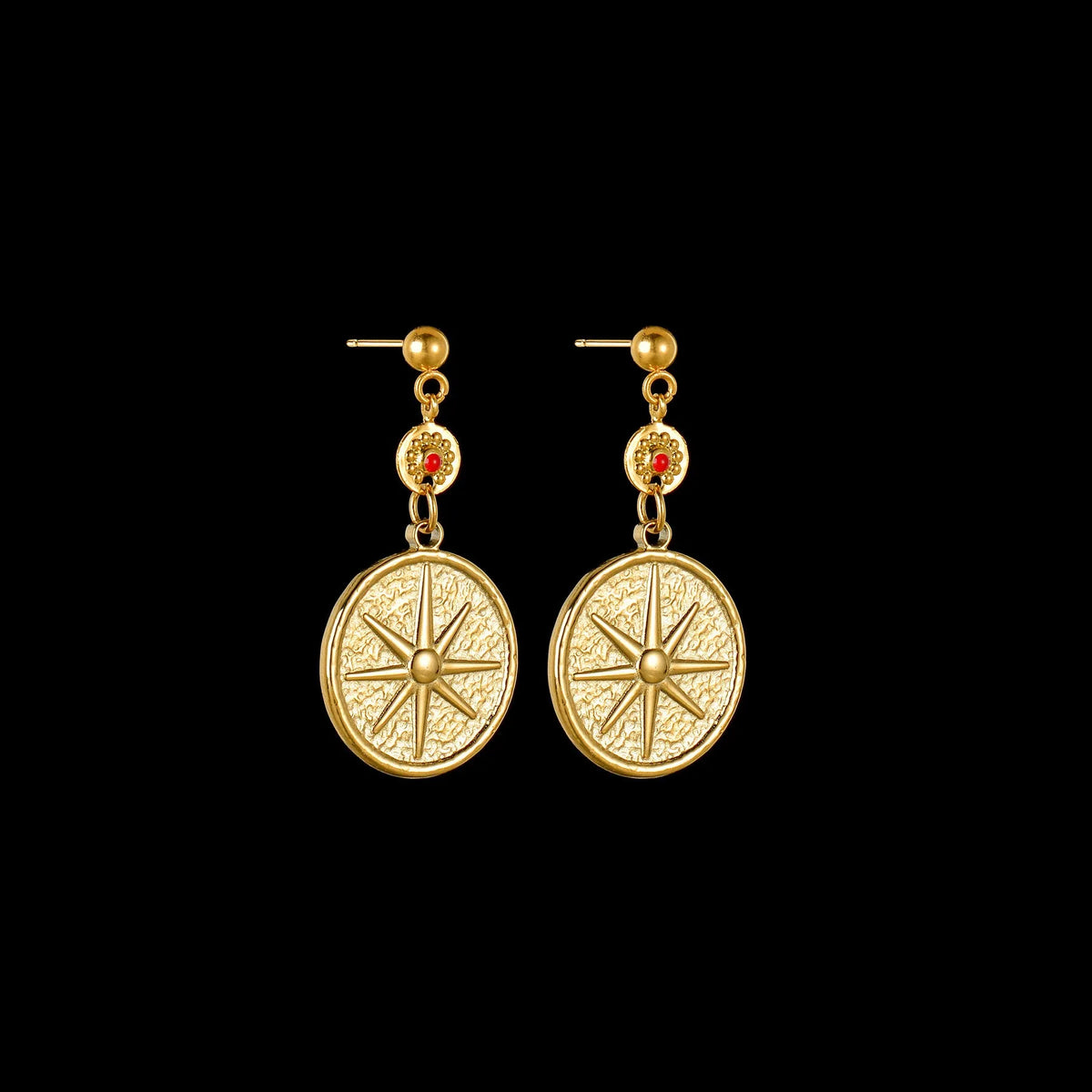 Geometric stainless steel earrings showing Eight Awn Star, Eye and Shell Sun designs