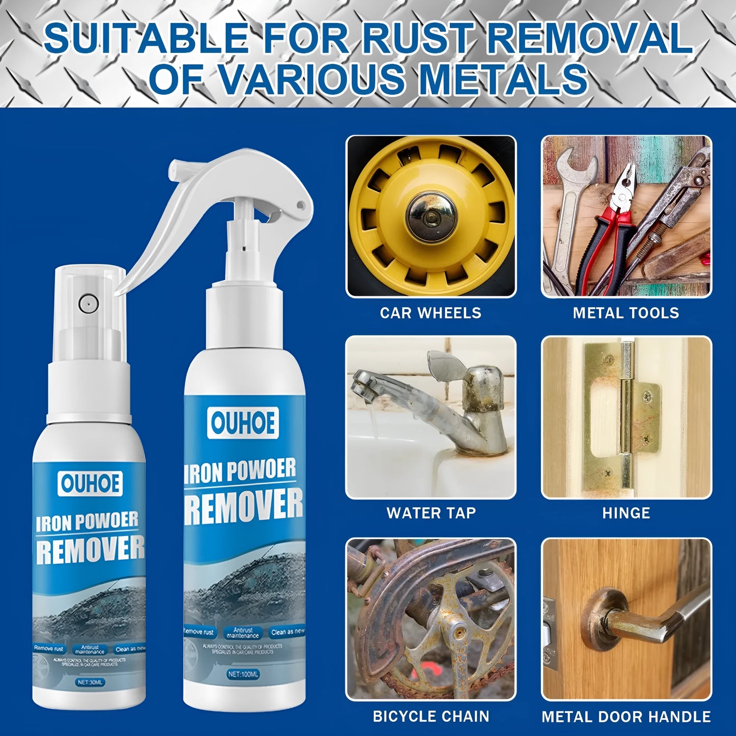 Automotive iron powder rust remover spray bottle with blue square sponge and towel applicators