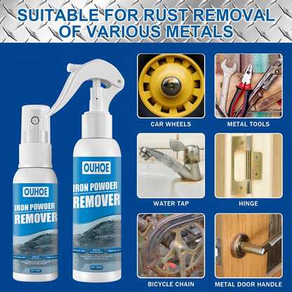 Automotive iron powder rust remover spray bottle with blue square sponge and towel applicators