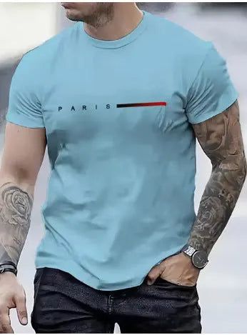 Men's slim fit 3D printed mesh top in a light colour on a hanger, showing short sleeves and patterned fabric.