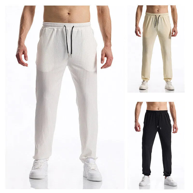 Silky rib fabric baggy straight-leg casual trousers with an elastic drawstring waist in khaki colour.
