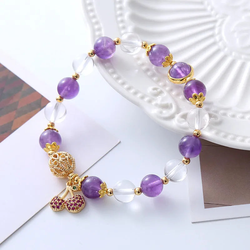 Purple crystal bracelet with micro-inlaid cherry flower design, sweet style.