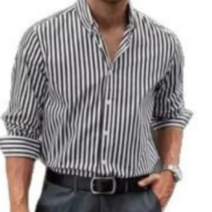 Man modelling a khaki and white striped loose-fit long sleeve casual button shirt.