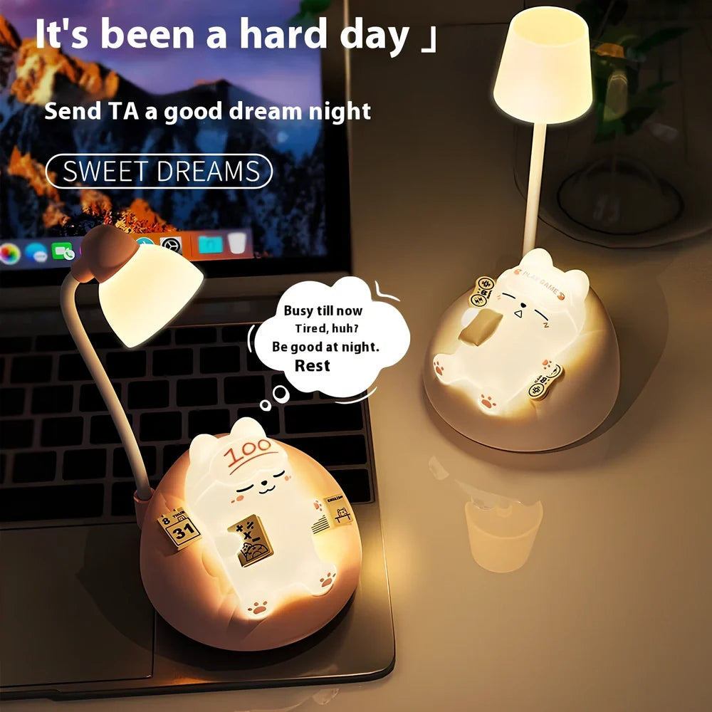 Sleeping cat shaped night lamp measuring 84x84x152mm with USB charging port and soft LED lighting