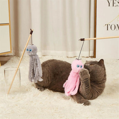 Octopus-themed furry cat toy attached to a long stick, shown in pink colour.