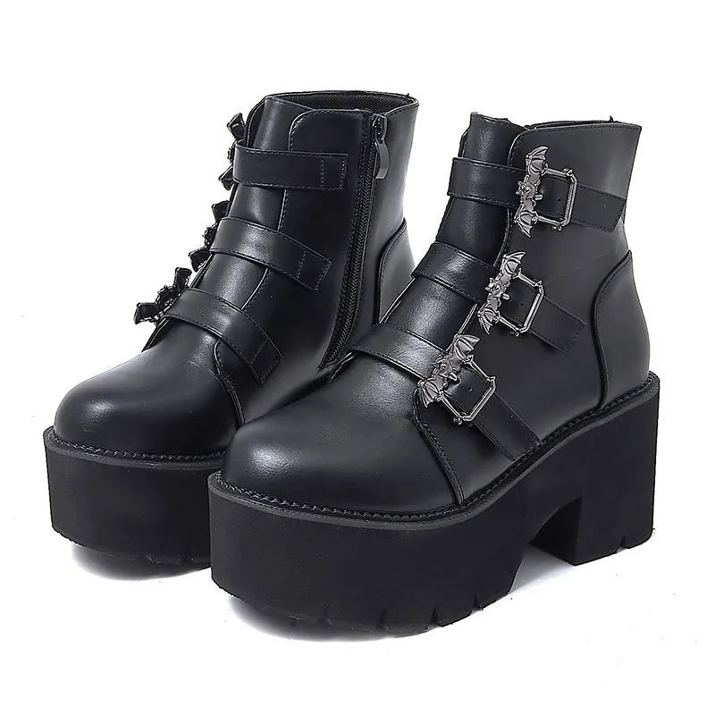 Black Harajuku punk bat buckle gothic short boots with side zipper and thick heel