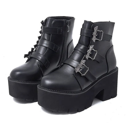 Black Harajuku punk bat buckle gothic short boots with side zipper and thick heel