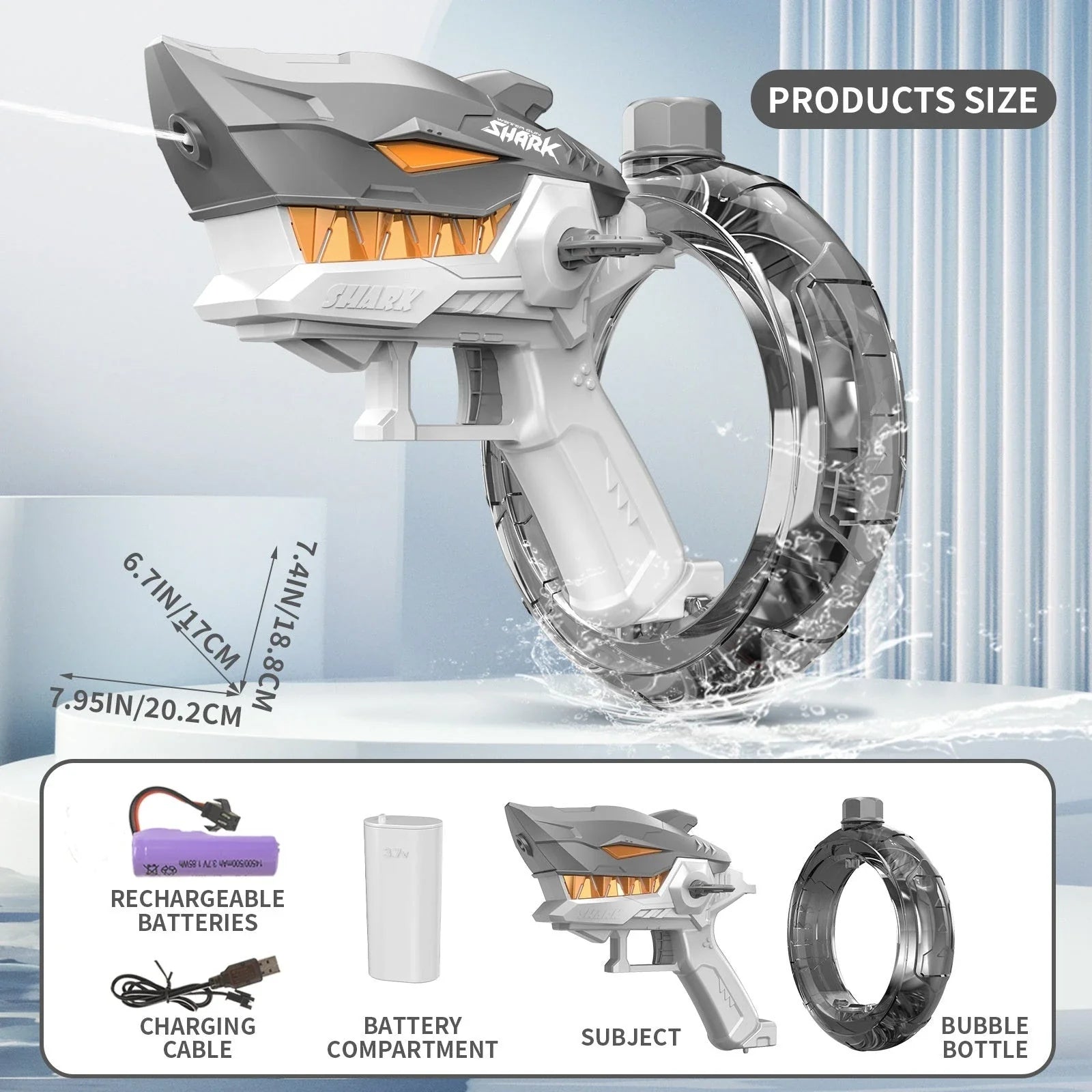 A powerful electric water blaster with a sleek shark design, perfect for summer fun and water battles.