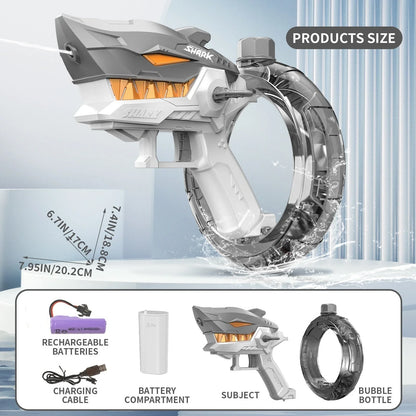 A powerful electric water blaster with a sleek shark design, perfect for summer fun and water battles.