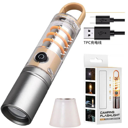 Orange or beige 10W rechargeable flashlight with hook, keychain, and optical zoom.