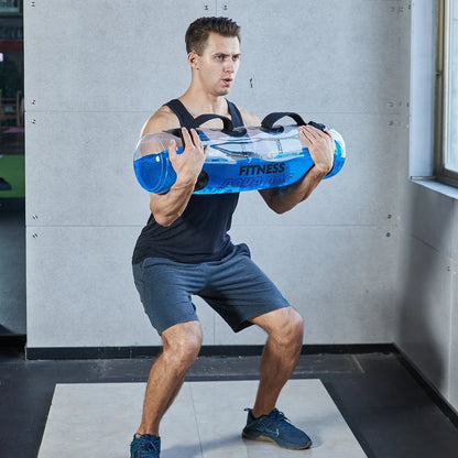 Transparent PVC inflatable water weight bag for adjustable strength training from 5kg to 35kg.