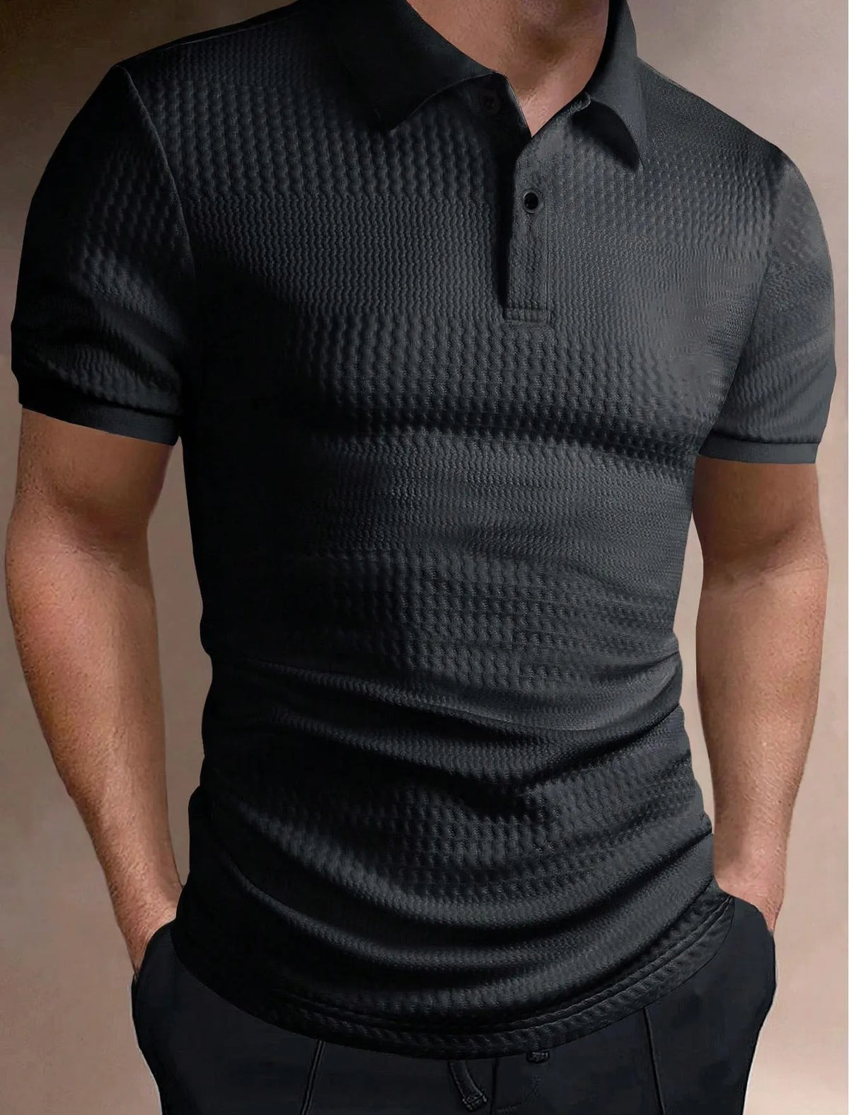 Men's striped loose fit polo shirt with short sleeves and asymmetric design detail in light blue.