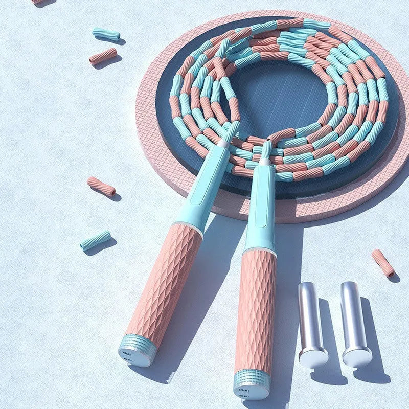 Children's bamboo bead skipping rope in blue with soft PP beads and non-knotted design