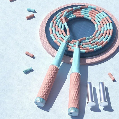 Children's bamboo bead skipping rope in blue with soft PP beads and non-knotted design
