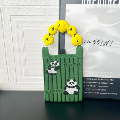 Cartoon knitted messenger bag with polyester construction and internal mobile phone storage