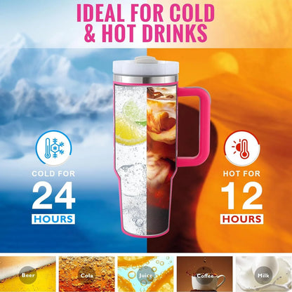 40oz stainless steel tumbler with handle and straw in various colour options showing tapered shape and spill-proof lid