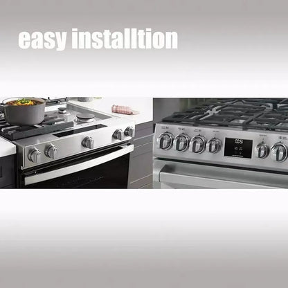 Silver metal oven control knob with 5.3cm diameter scale.