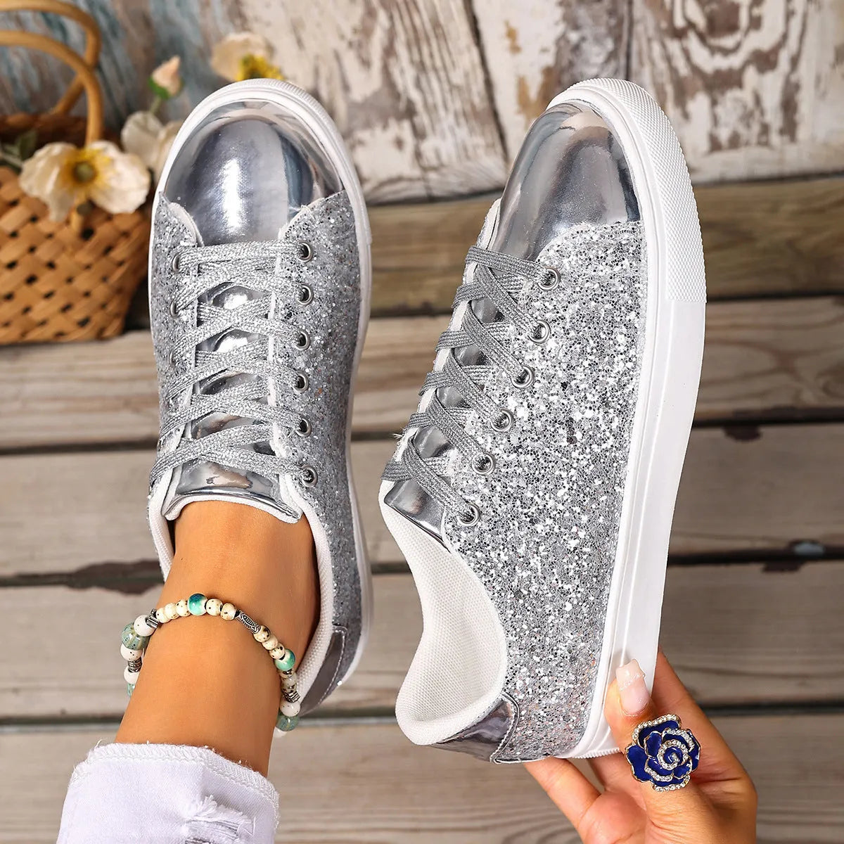 Women's plus size black board shoes with sequined front panel and lace-up closure
