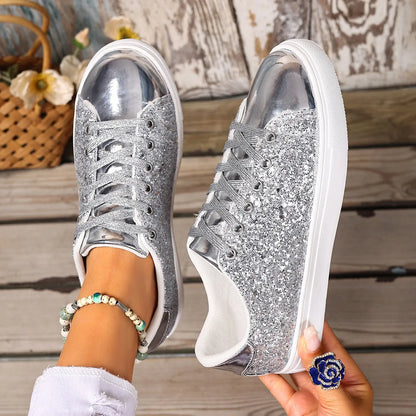 Women's plus size black board shoes with sequined front panel and lace-up closure