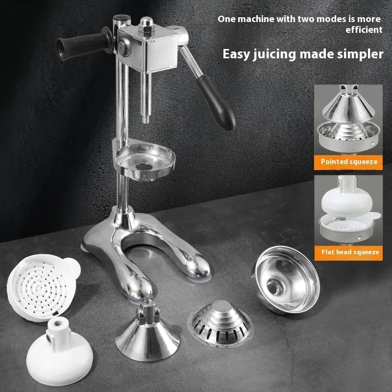 Vertical stainless steel manual juicer with zinc alloy handle in multiple colour and tip style combinations