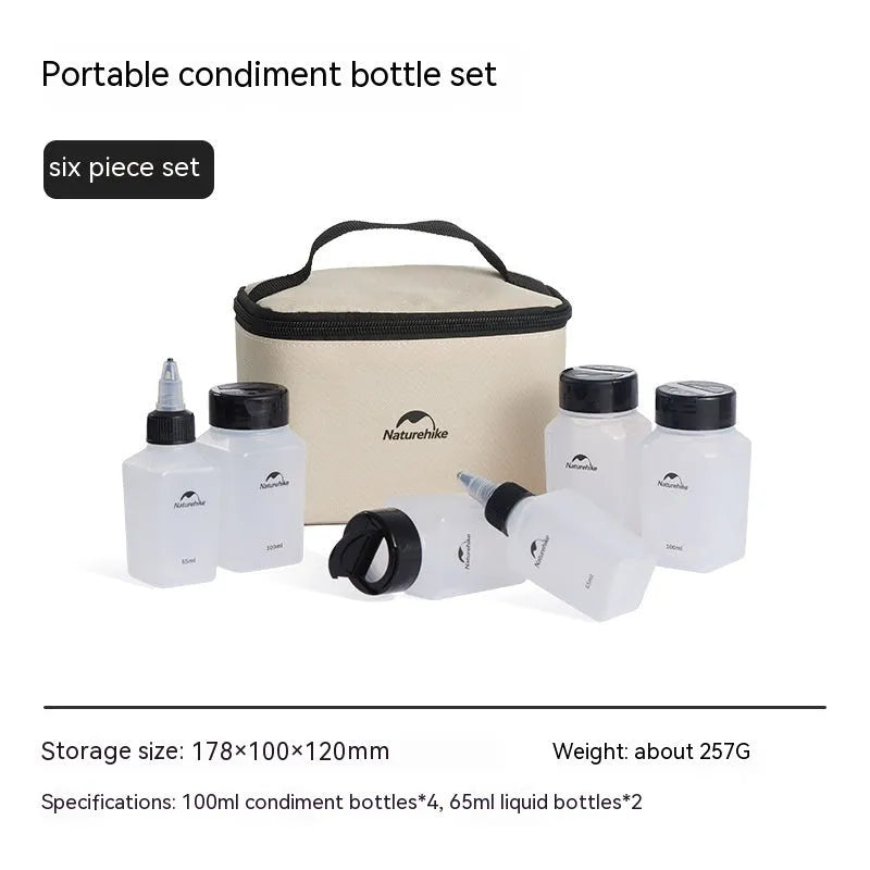 Naturehike six-piece portable PP seasoning bottle set for outdoor picnics and camping.