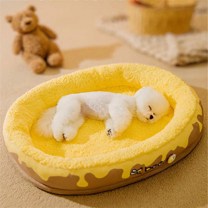 Grey washable dog bed with a detachable cover shown next to a yellow one, sized for a small to medium dog.
