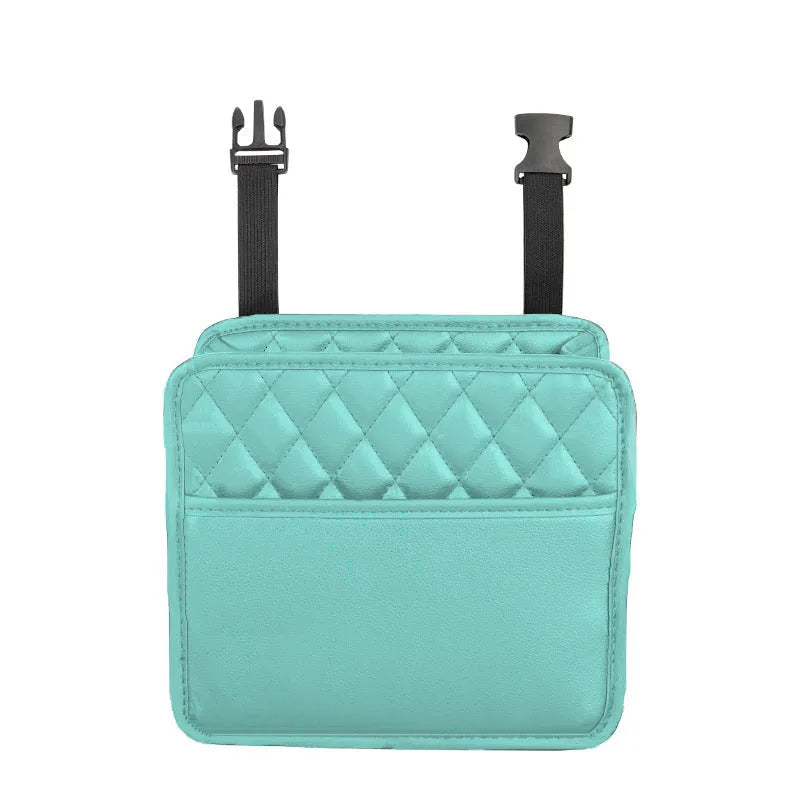 Black leather hanging storage bag for car interior organisation and trash.