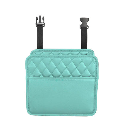 Black leather hanging storage bag for car interior organisation and trash.
