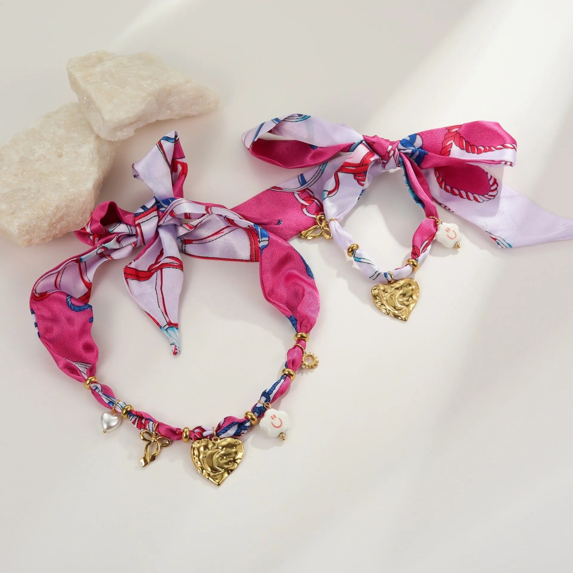 Gold plated necklace and bracelet set with colourful scarf pattern geometric pendant on adjustable chain