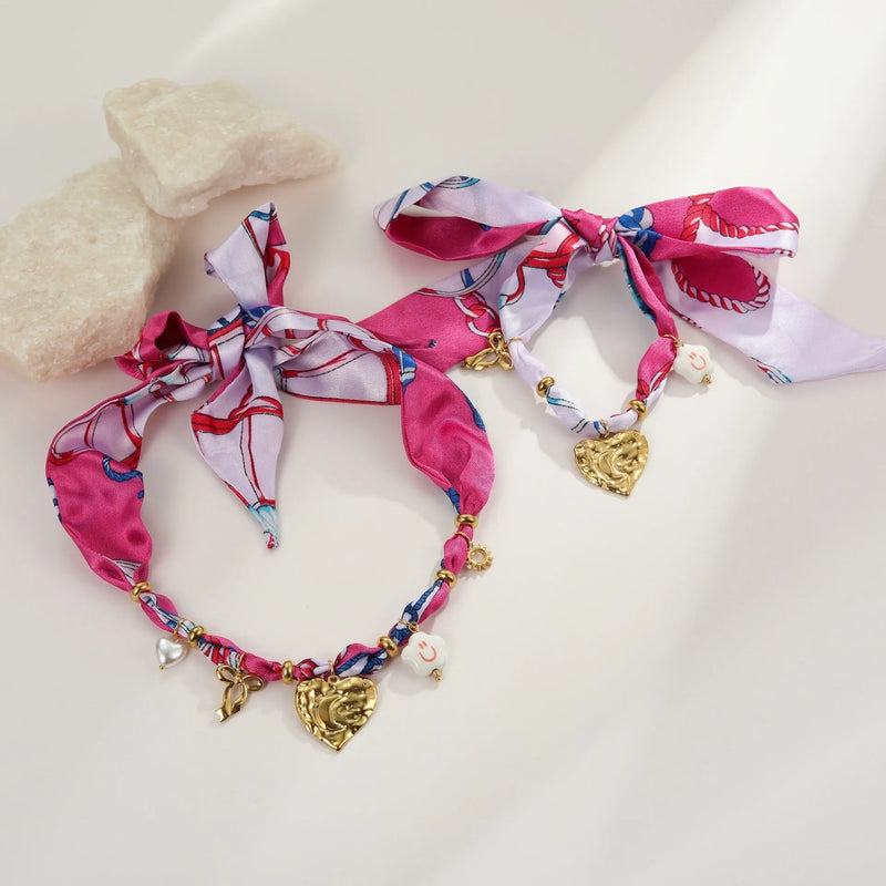 Colourful silk scarf pattern love pendant necklace and matching non-fading stainless steel bracelet set in gold 18K purity with 41cm to 50cm adjustable chain length for fashion OL style everyday wear
