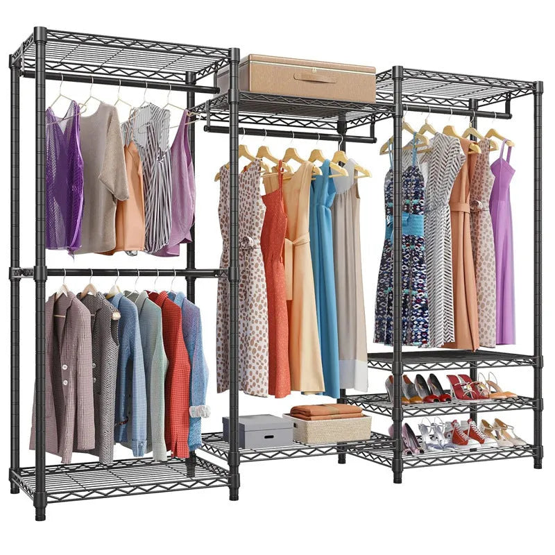 Black metal freestanding storage rack for clothes, trousers, and ties organisation