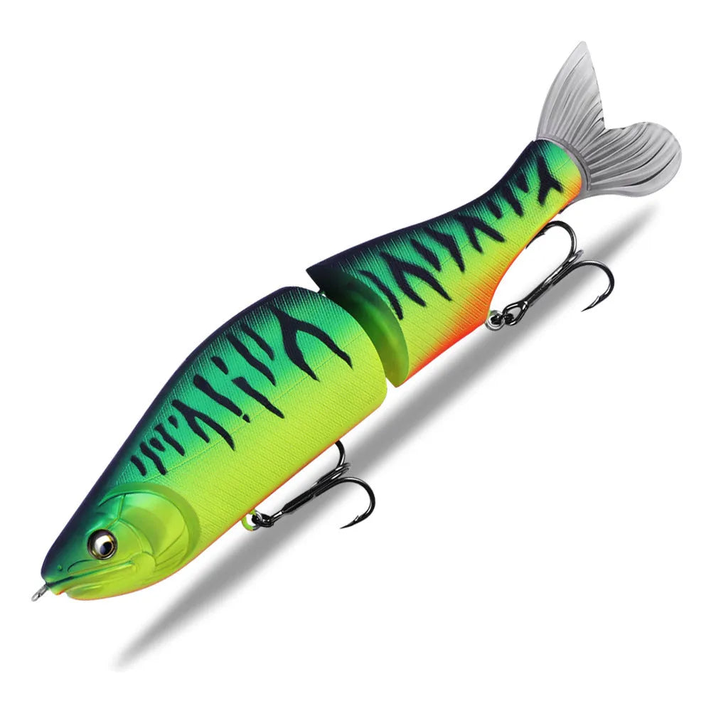 A 185mm hard plastic fishing swim bait in a natural green colour with detailed scales and 3D eyes.