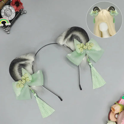 Plush panda animal ears headband with tassel in pink, blue, green and purple, handmade unisex Chinese style hair accessory